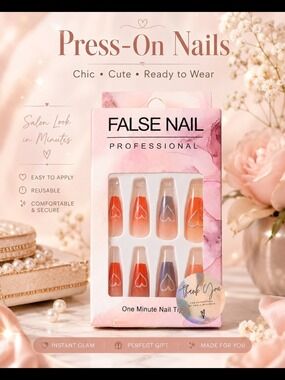 False Nail Orange Blue Heart Design Press On Nails